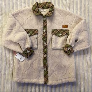 Simply Southern Cream Sherpa Shacket with Olive Plaid Trim